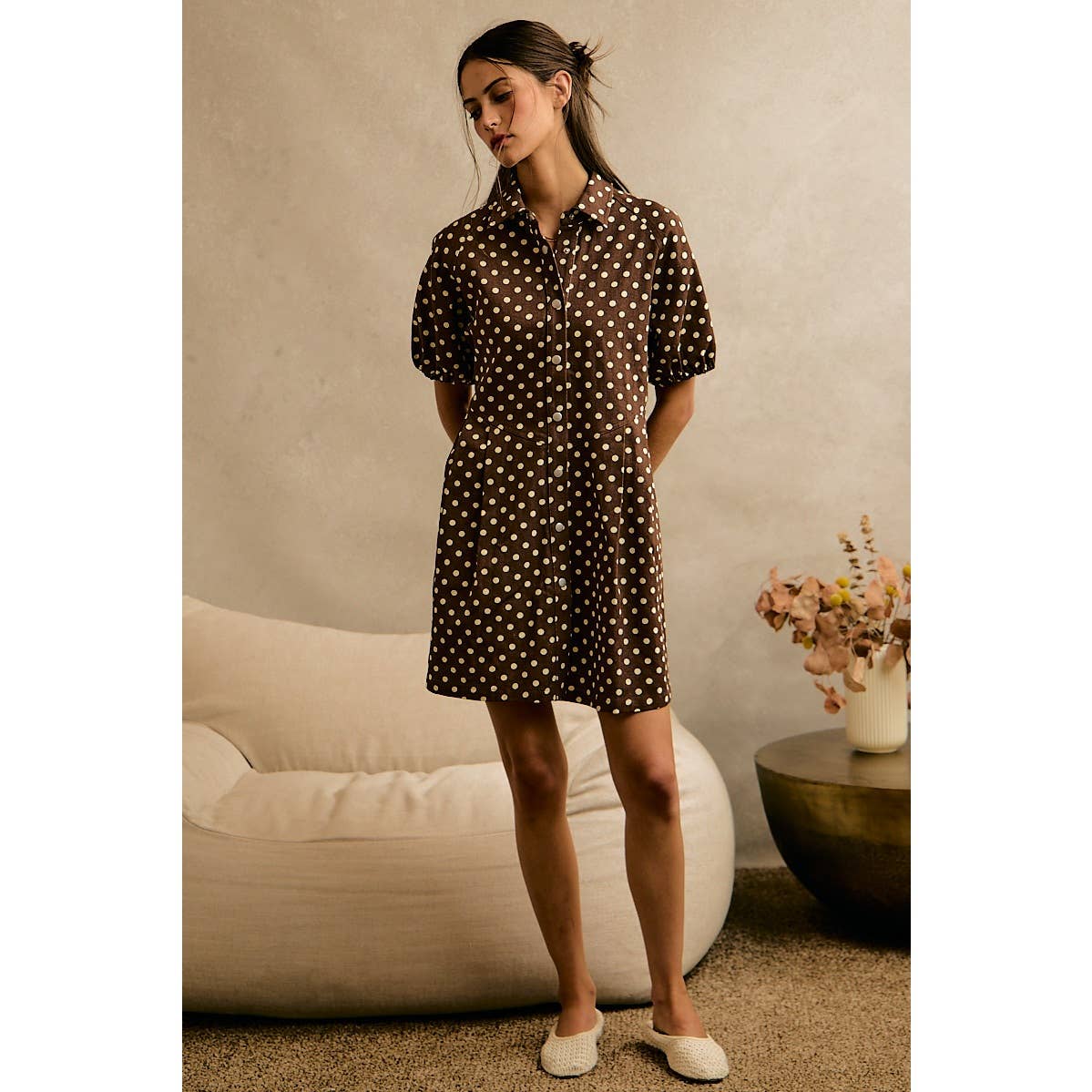POLKA DOT TWILL PUFF-SLEEVE MINI DRESS