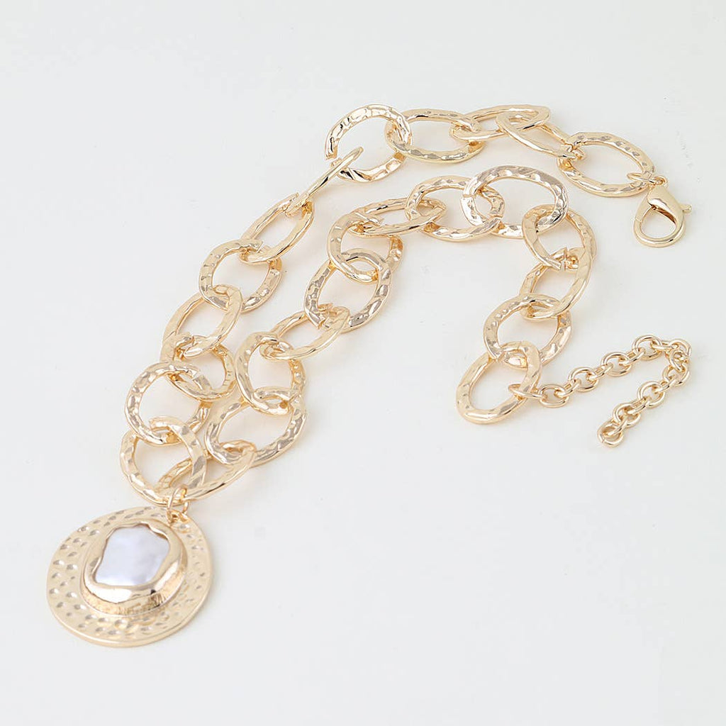 Hammered Pearl Disc Chain Necklace