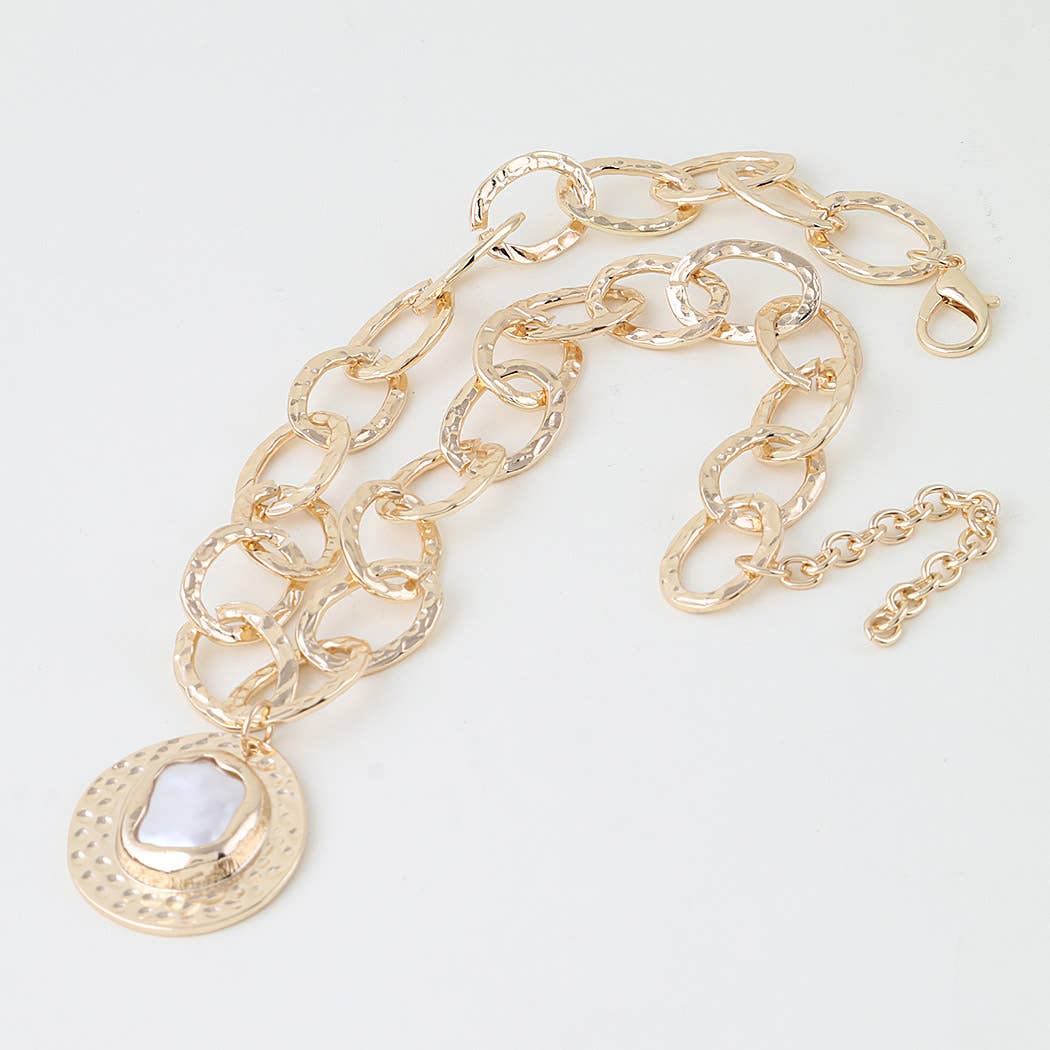 Hammered Pearl Disc Chain Necklace