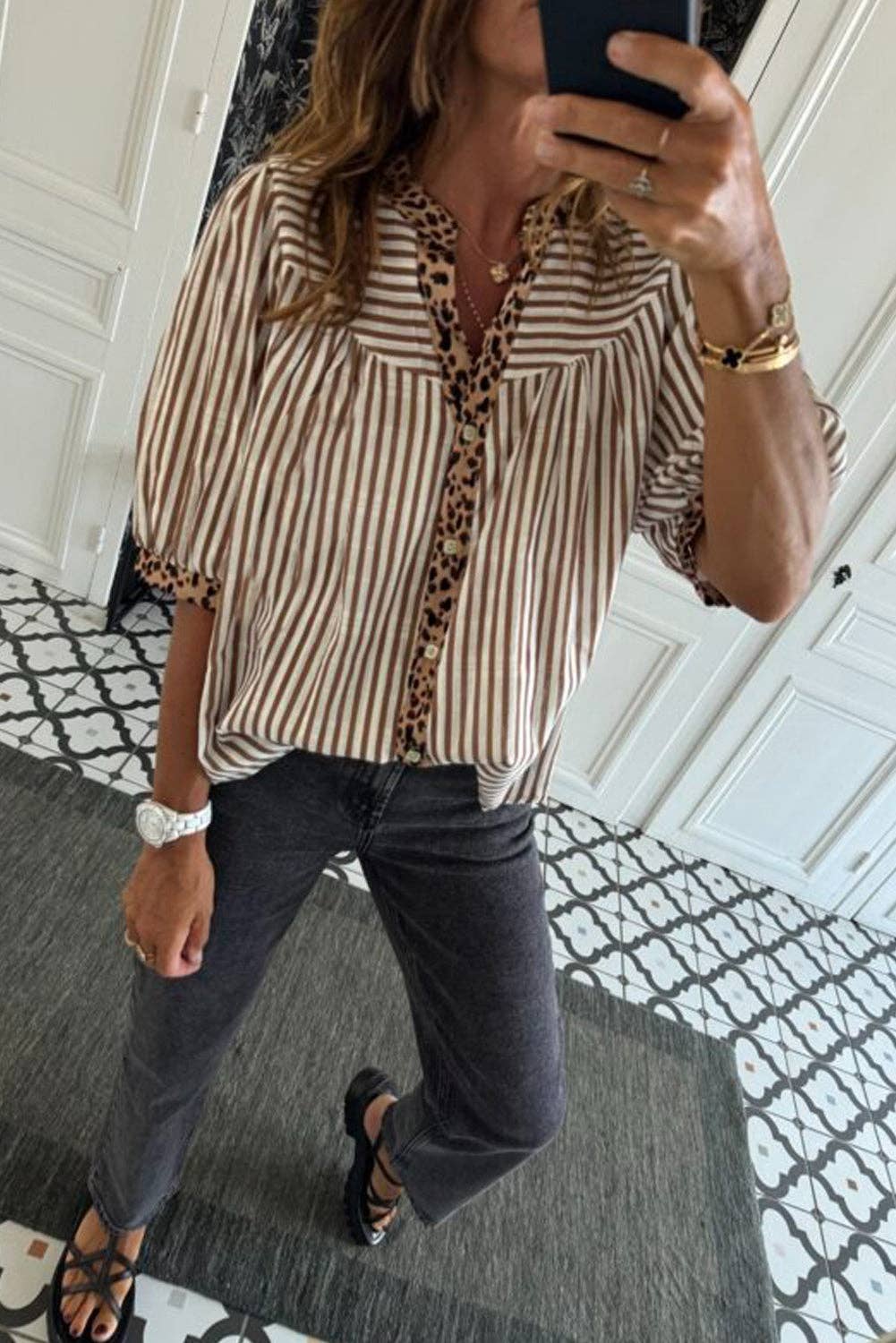 Brown Stripe V Neck Button Down Top