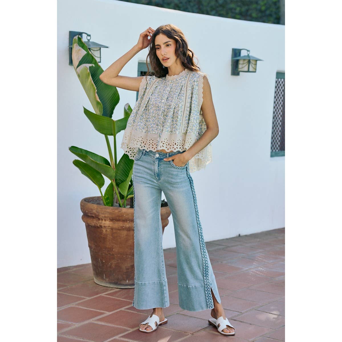 WIDE LEG FLARE DENIM JEANS WITH SIDE  BRAIDS