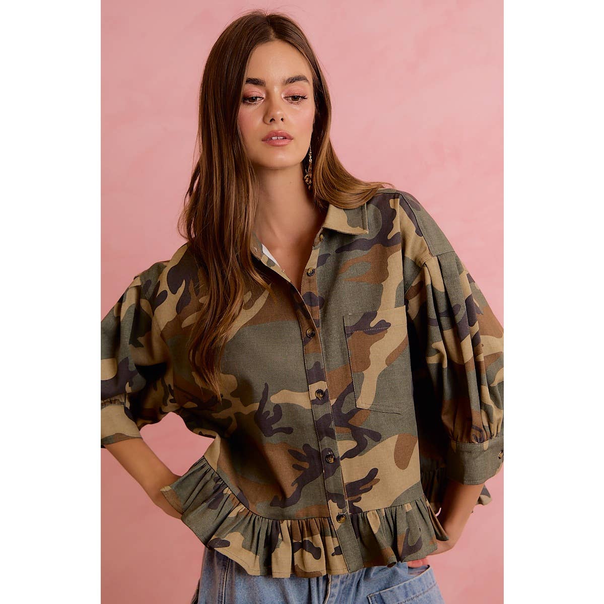 CAMO BUTTON DOWN BLOUSE
