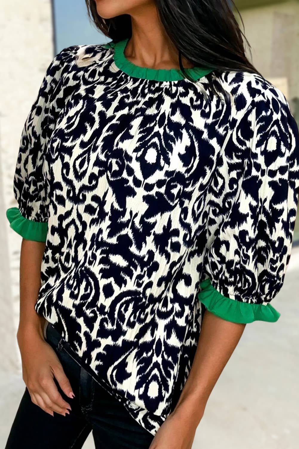 Floral Ruffled Colorblock Detail Half Sleeve Blouse