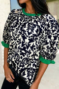 Floral Ruffled Colorblock Detail Half Sleeve Blouse