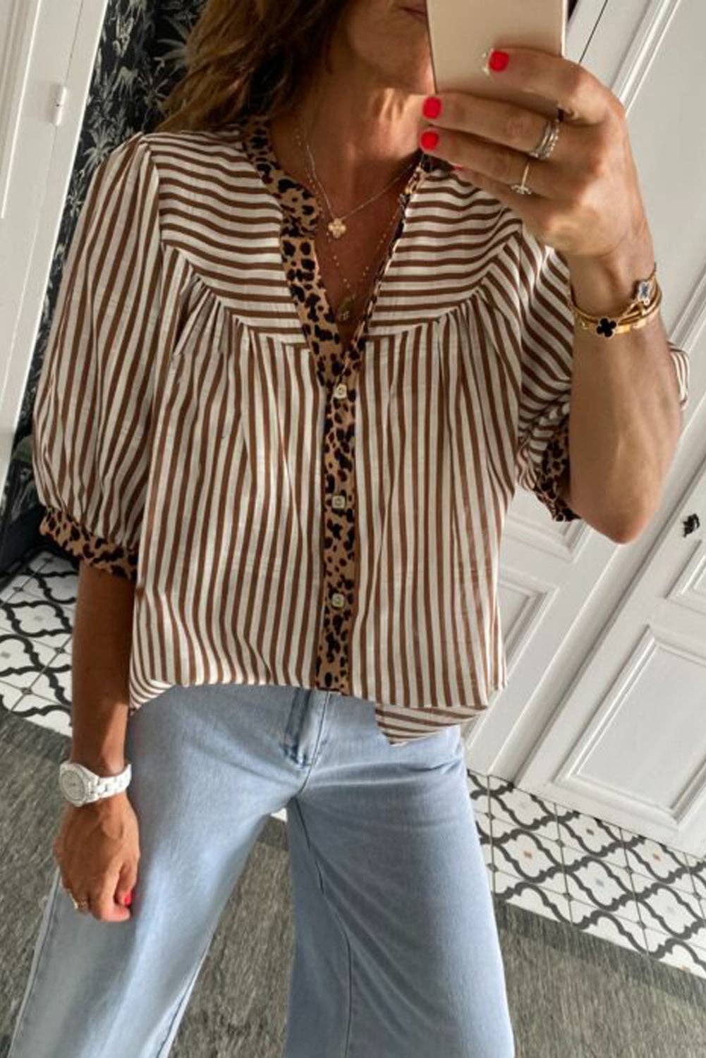 Brown Stripe V Neck Button Down Top