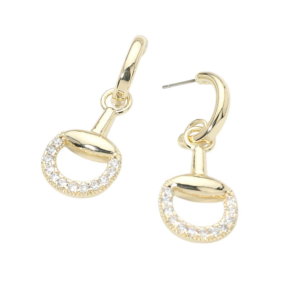 14K Gold Plated CZ Pave Horsebit Link Drop Hoop Earrings