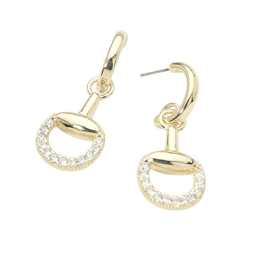 14K Gold Plated CZ Pave Horsebit Link Drop Hoop Earrings