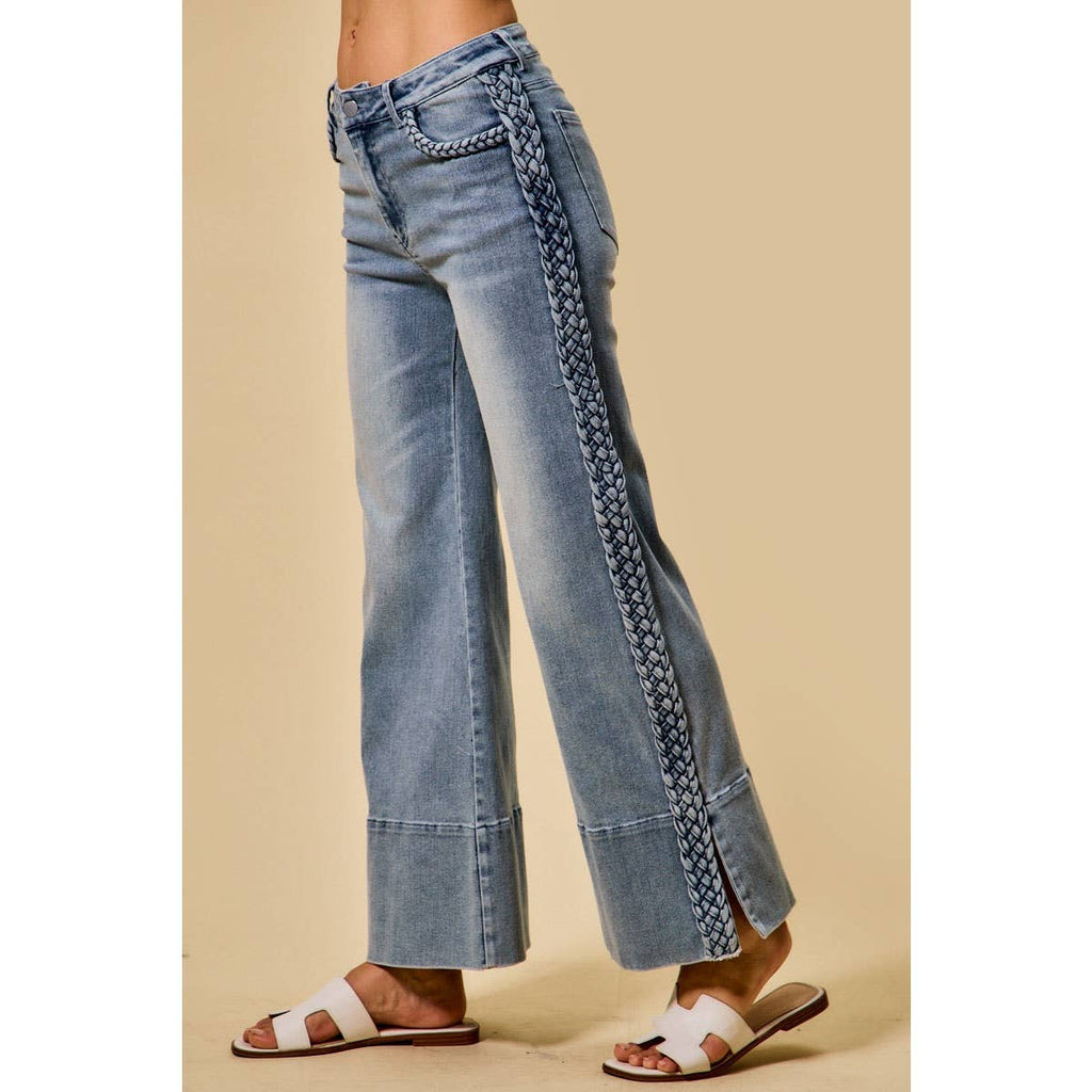 WIDE LEG FLARE DENIM JEANS WITH SIDE  BRAIDS