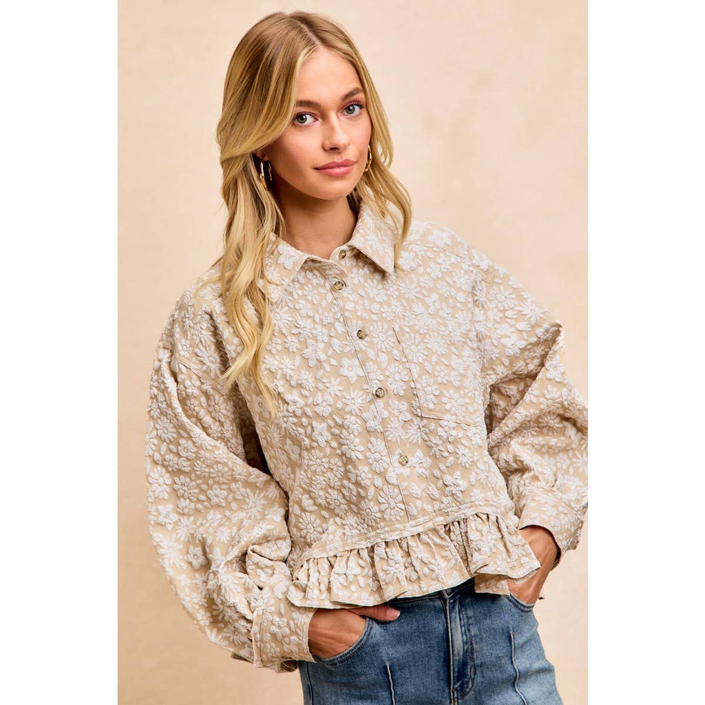 TEXTURED FLORAL PATTERN RUFFLED HEM TOP