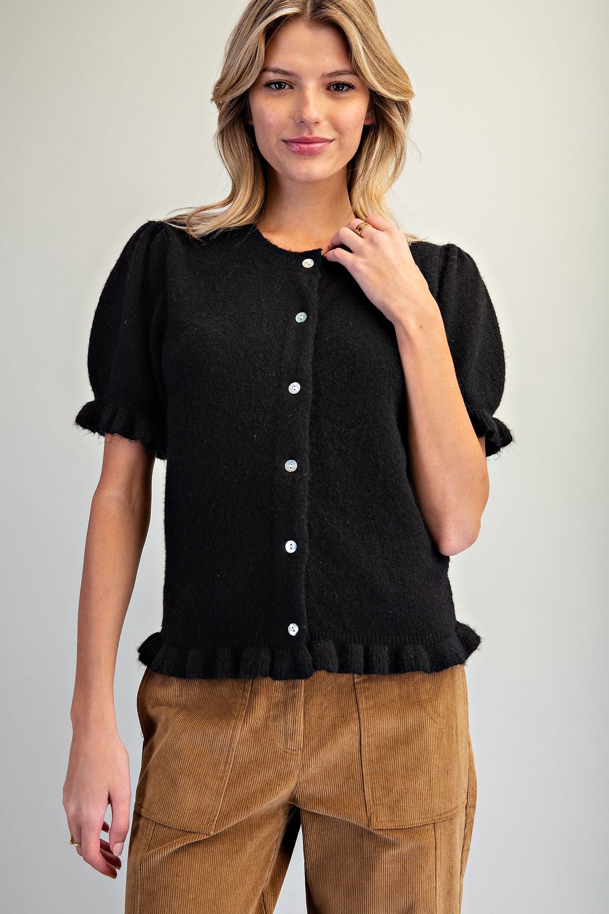 Ruffle Trim Short Sleeve Cardigan