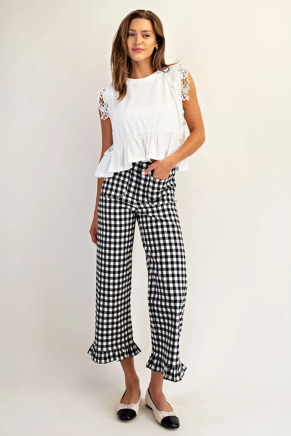 Gingham Ruffle Trim Straight Leg Pant
