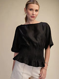 Black Boat Neck Pleated Blouse
