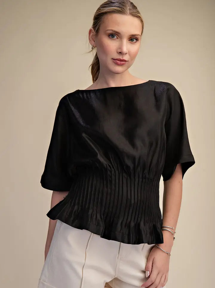 Black Boat Neck Pleated Blouse