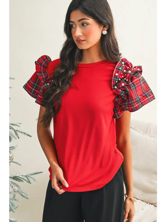 Plaid Pearl Ruffle Short Sleeve
