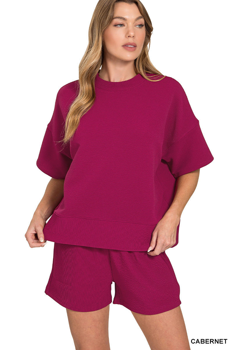 Cabernet Ribbed Waist Banded Tee & Shorts Set