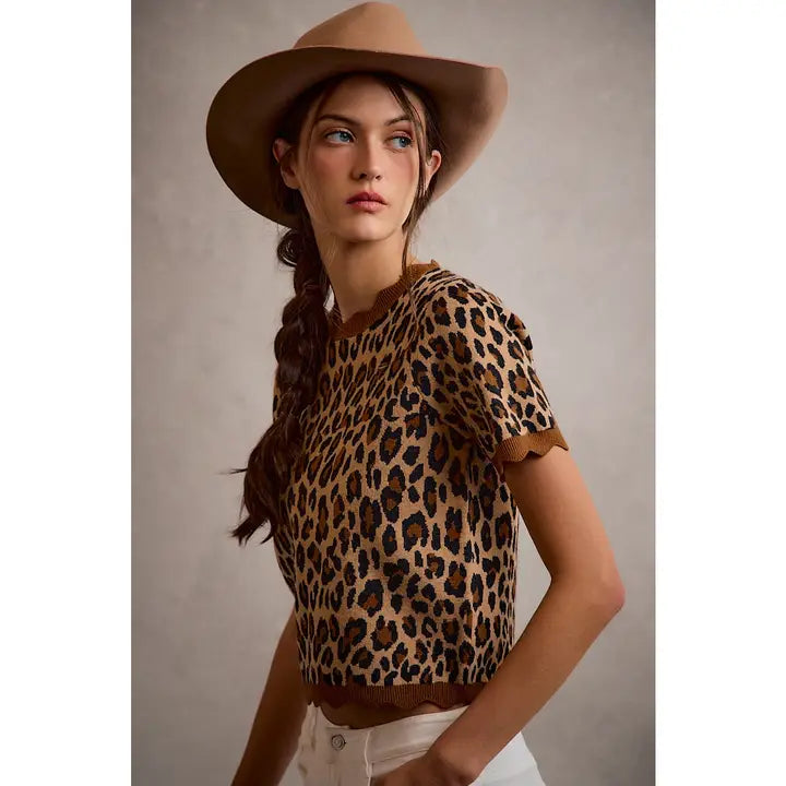 Leopard Scallop Knit Blouse