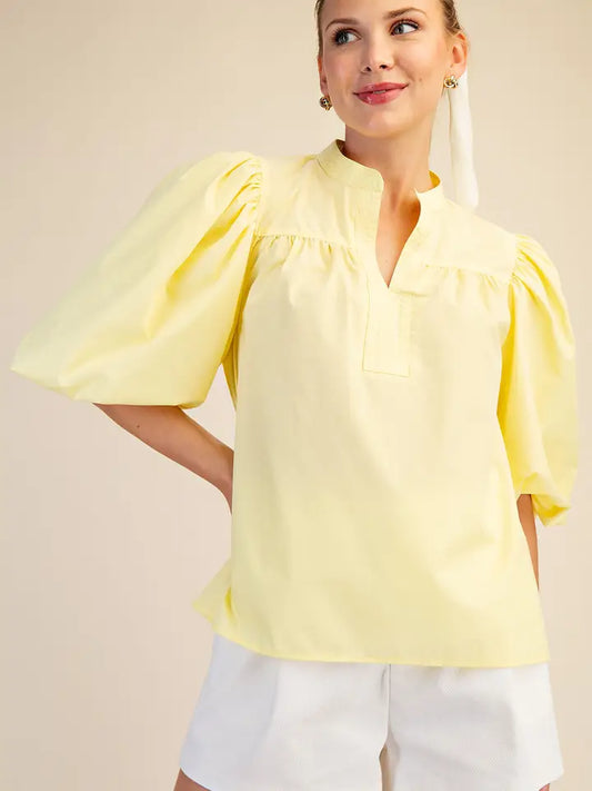 China Collar V-Neck Bubble Sleeve Poplin Top