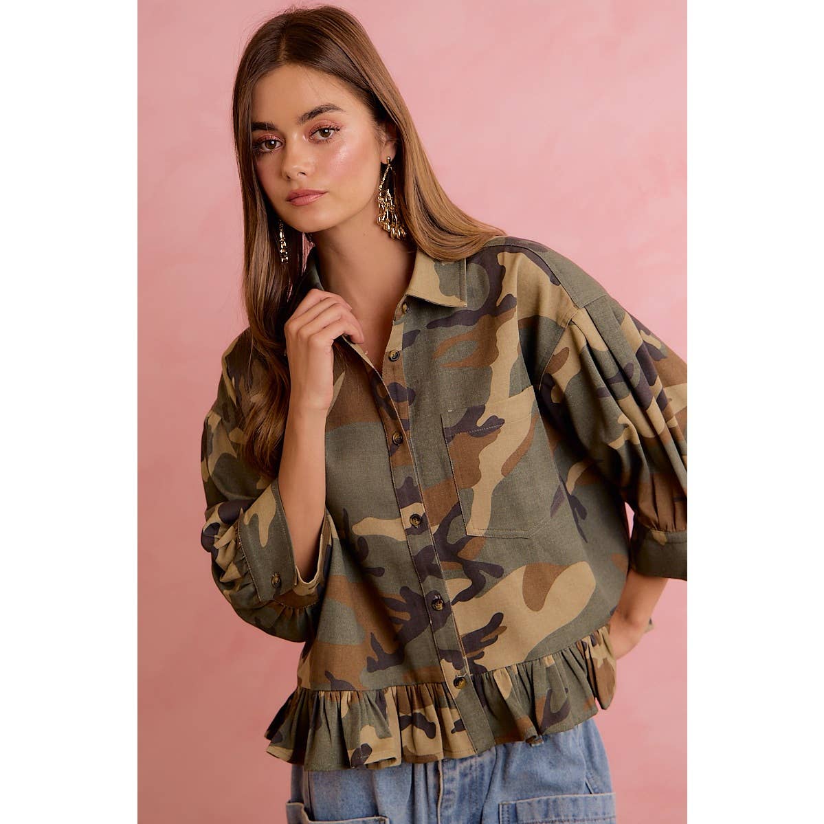 CAMO BUTTON DOWN BLOUSE