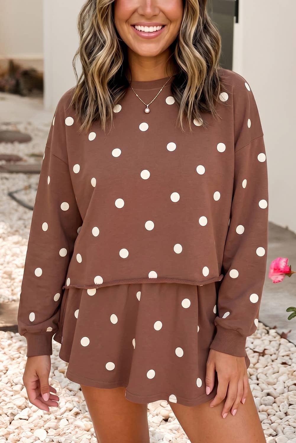 Polka Dot High Waist Long Sleeve Top and Skort Set