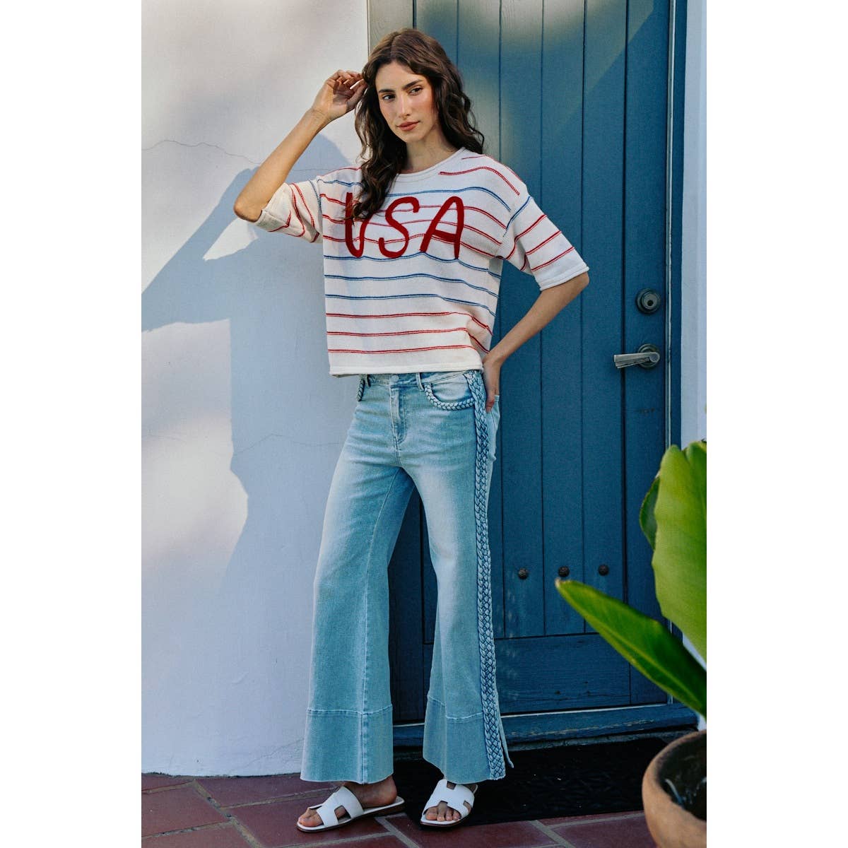WIDE LEG FLARE DENIM JEANS WITH SIDE  BRAIDS