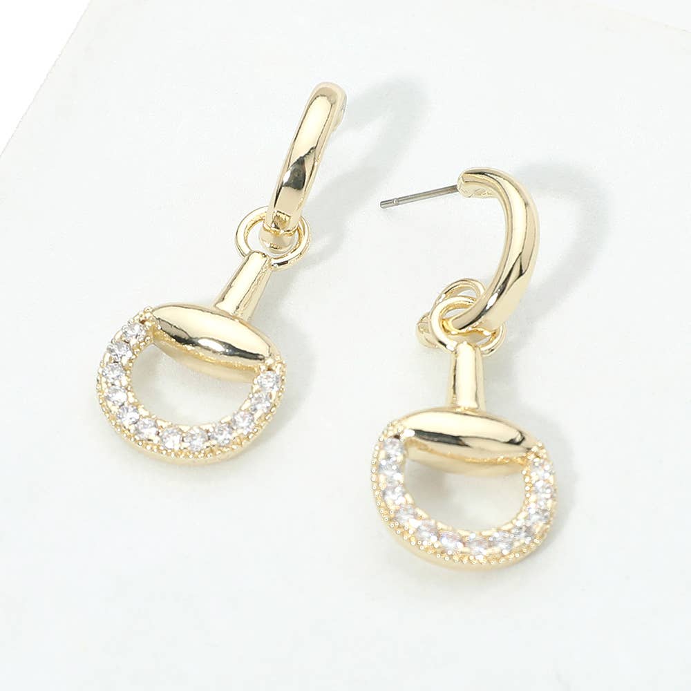14K Gold Plated CZ Pave Horsebit Link Drop Hoop Earrings