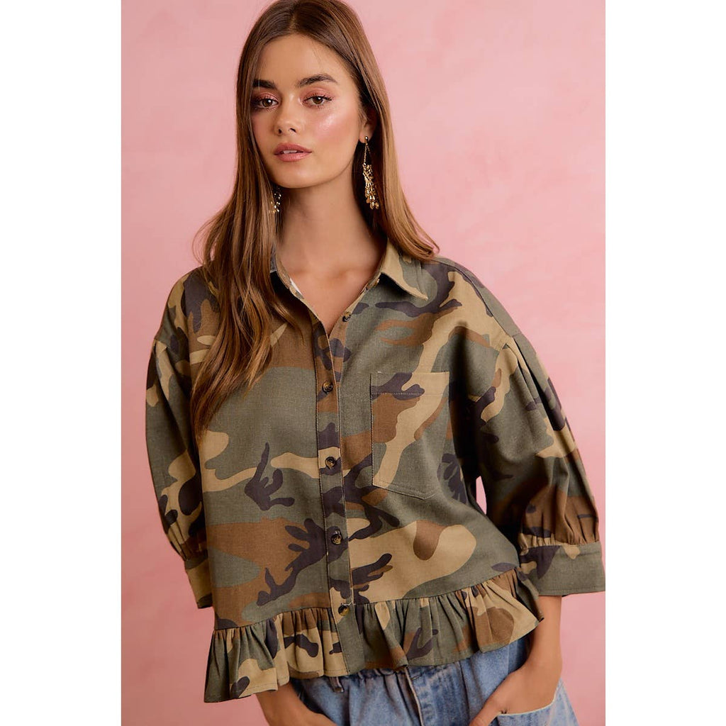 CAMO BUTTON DOWN BLOUSE