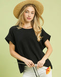 Black Drawstring Linen Blend Top