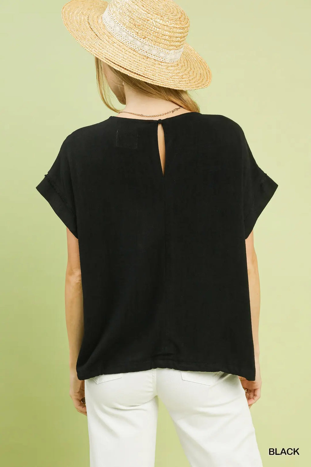 Black Drawstring Linen Blend Top