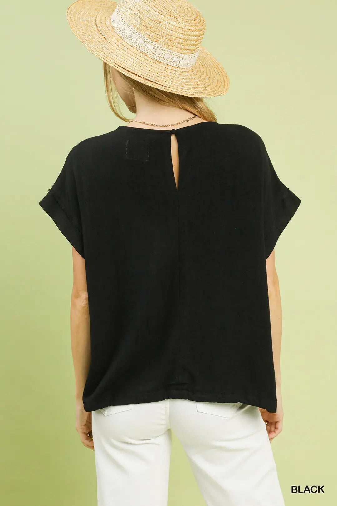Black Drawstring Linen Blend Top