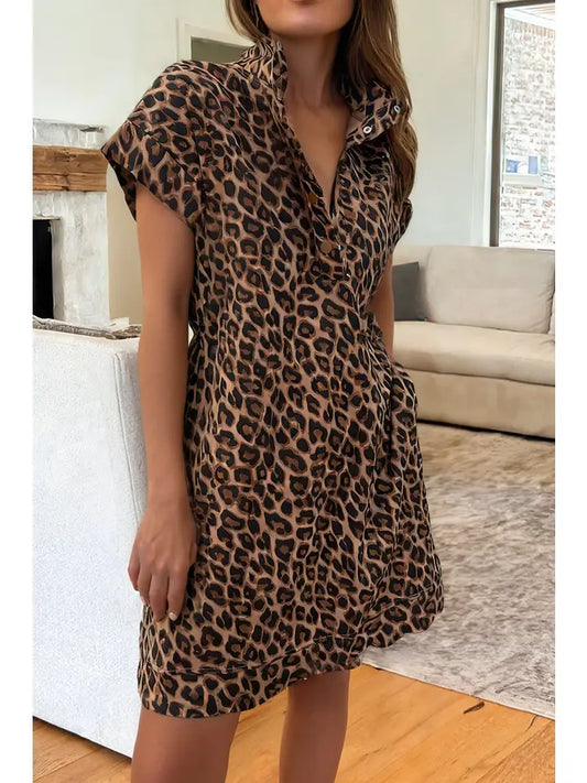 Leopard Collared Short Sleeve Dress