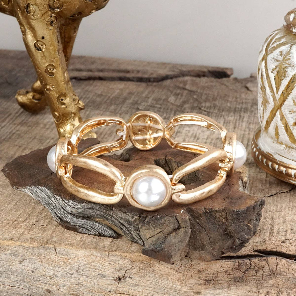 Stretchy Bangle with Pearls in Worn Gold