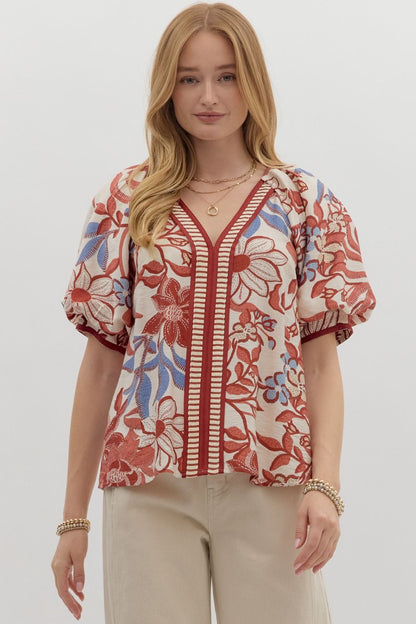 Deep Red Botanical Blouse