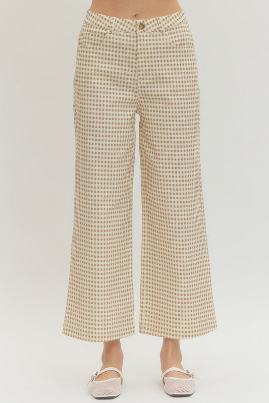 Tan Gingham Wide Leg Pant