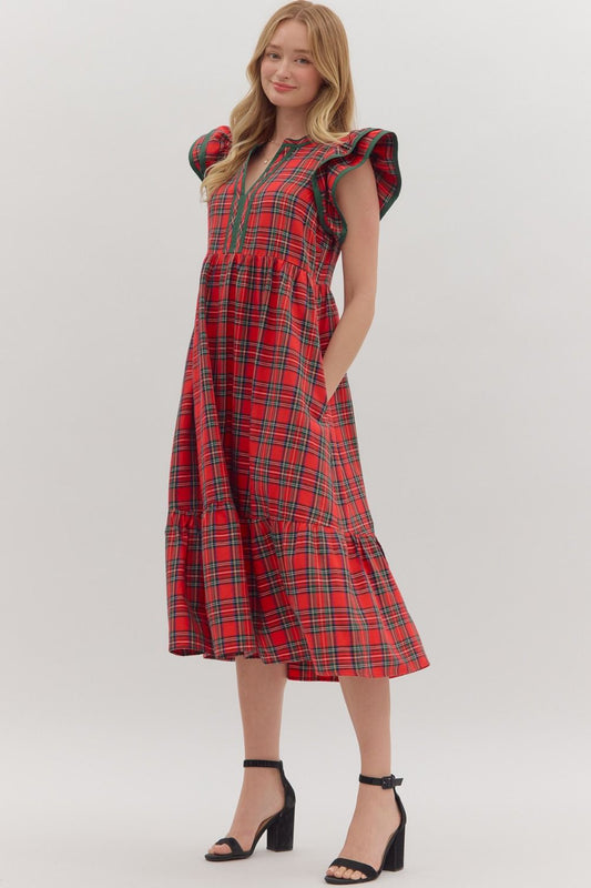 Plaid Flutter Sleeve Midi Dress