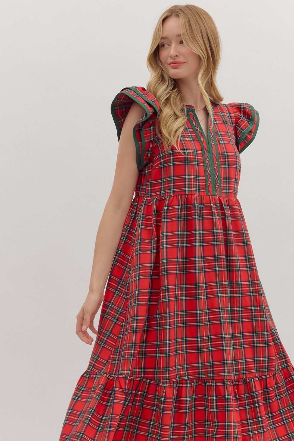Plaid Flutter Sleeve Midi Dress