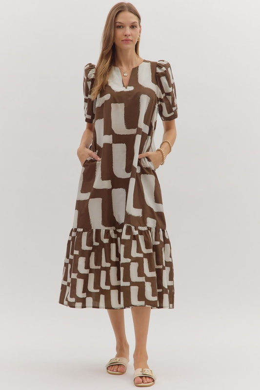 Brown Midi Dress featuring V-neck W/Ruffle Hem
