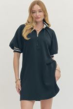 Navy dress with front zipper and multicolor ribbed trim.