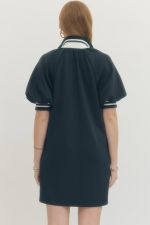 Navy dress with front zipper and multicolor ribbed trim.