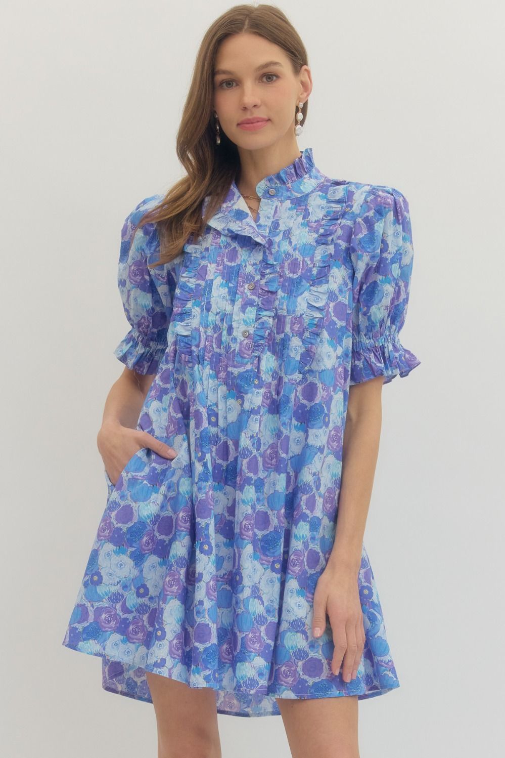 Floral print short puff sleeve dress