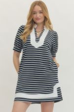 V-Neck Solid stripe puff sleeve dress