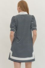 V-Neck Solid stripe puff sleeve dress
