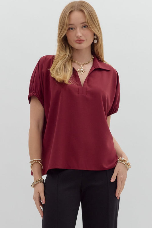 Burgundy Split Collar Side Slit Hem Top