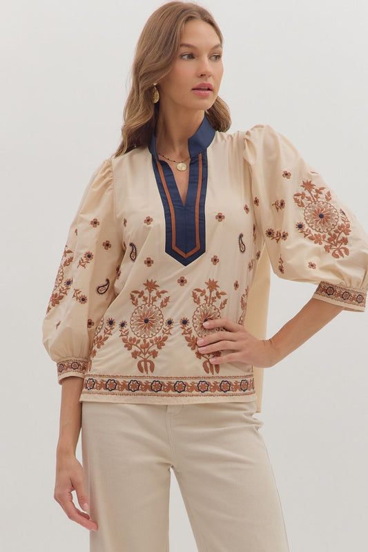 Floral Embroidered 3/4 Puff Sleeve Top