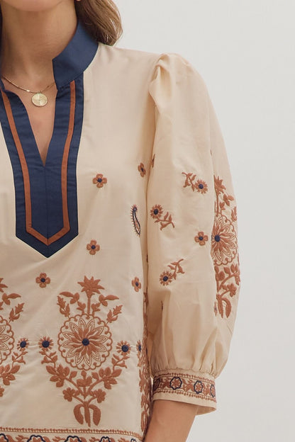 Floral Embroidered 3/4 Puff Sleeve Top