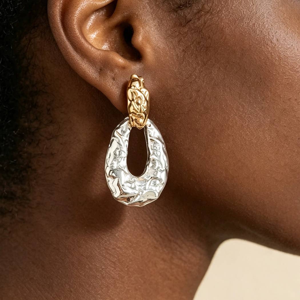 Two Toned Hammered Teardrop Earrings