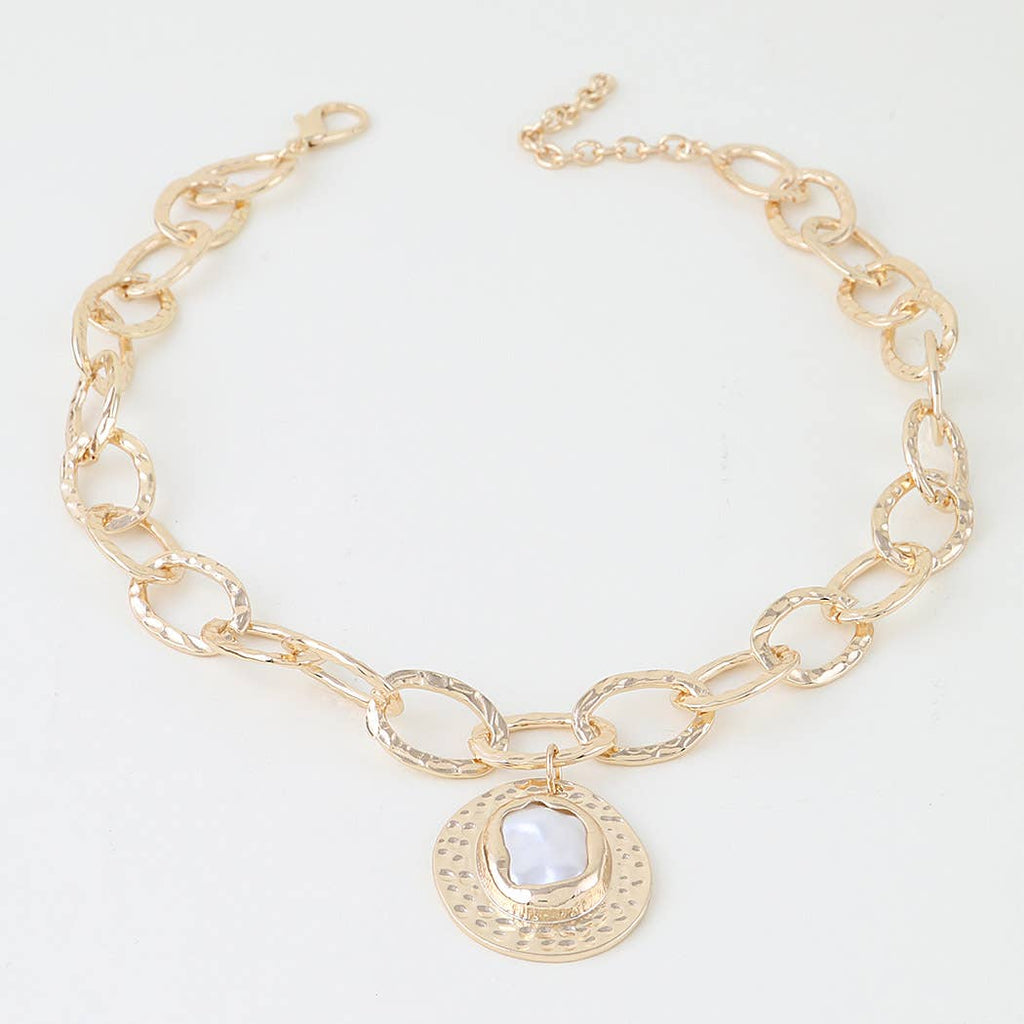 Hammered Pearl Disc Chain Necklace