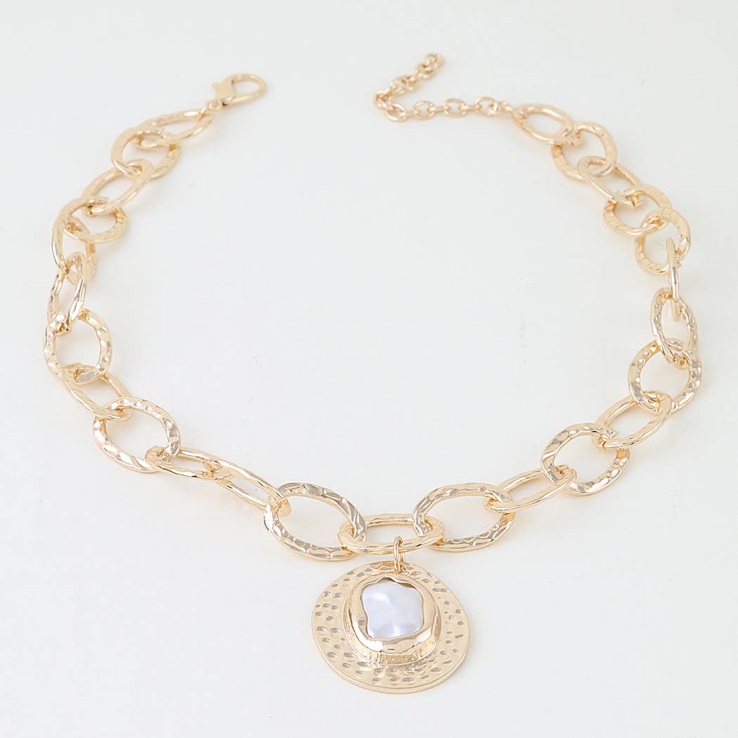 Hammered Pearl Disc Chain Necklace