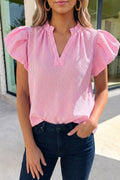 Striped Short Puff Sleeve Split V Neck Blouse