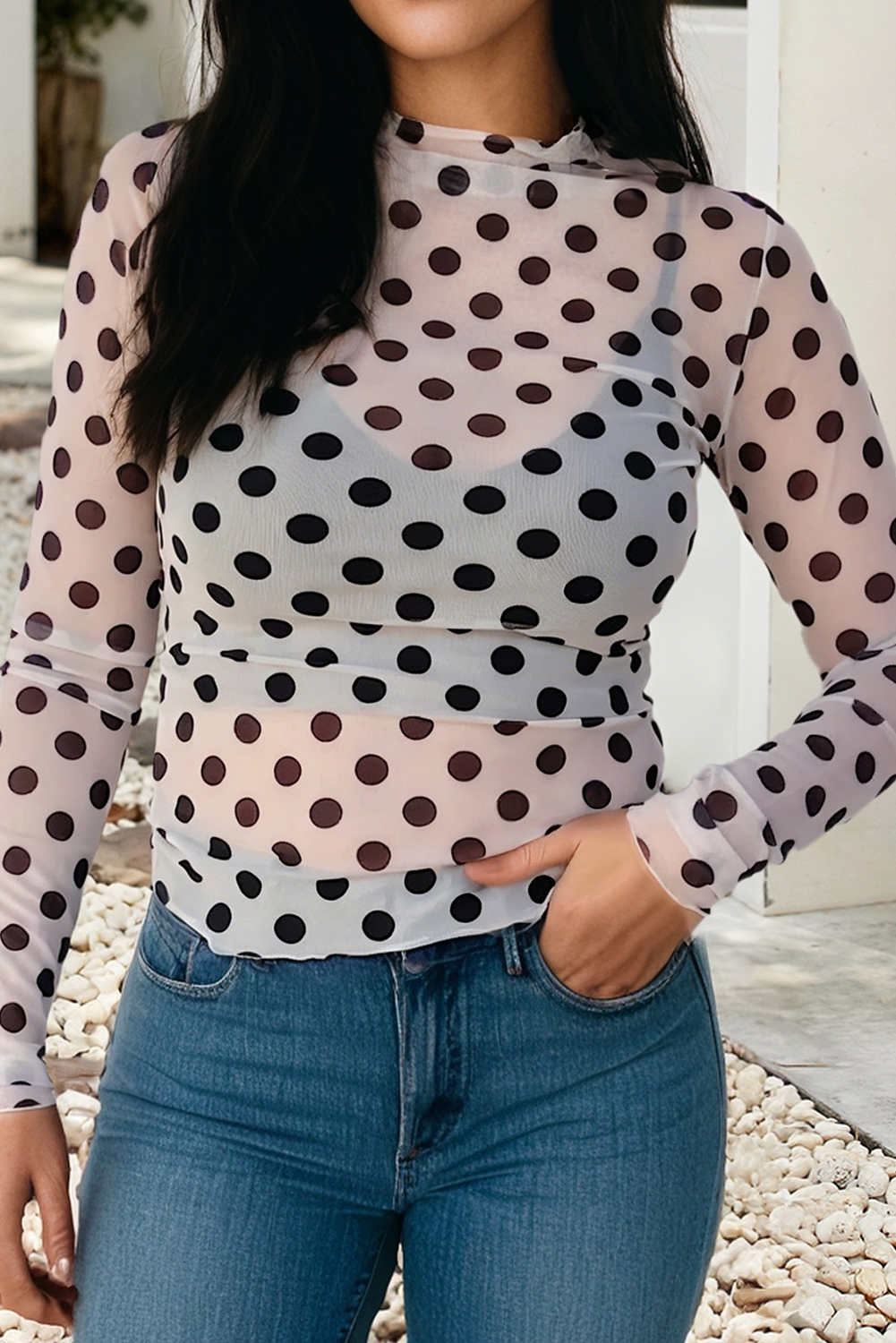 Stand Neck Polka Dot Long Sleeve Blouse