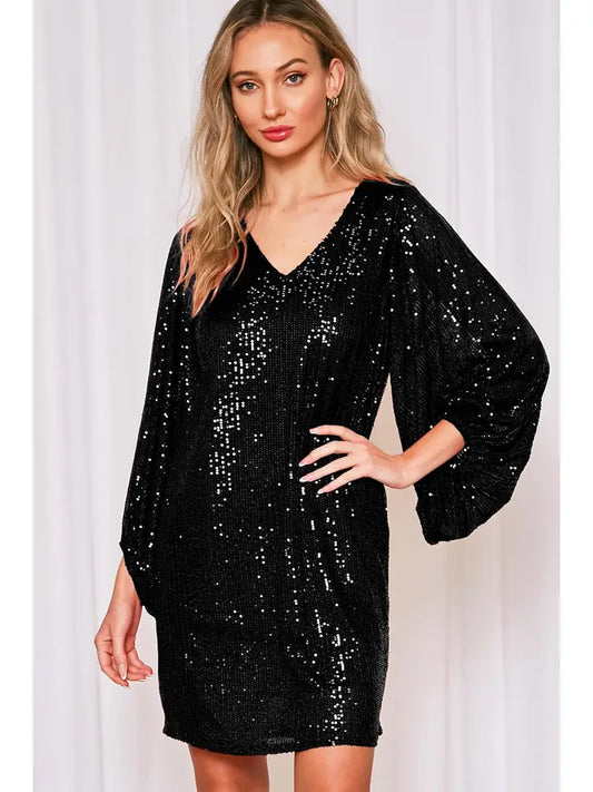 V-Neck Balloon Sleeves Sequin Dress